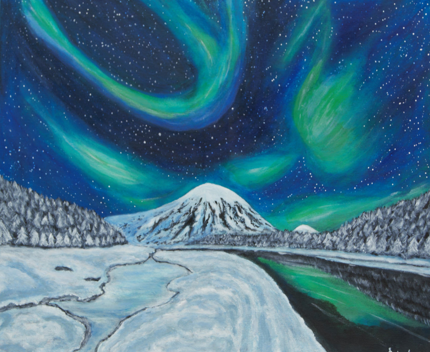 Trykk Northern lights over river