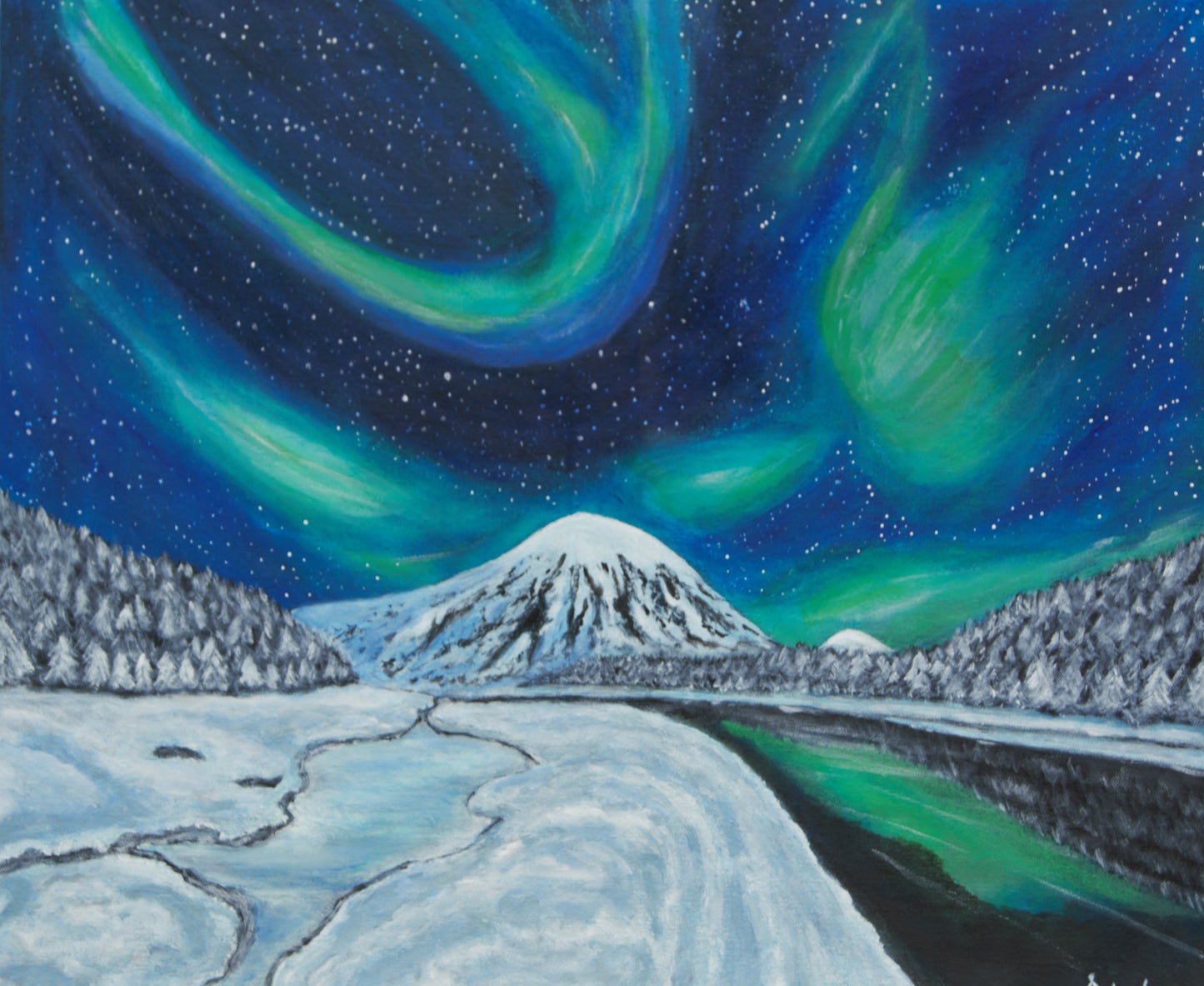 Northern lights over river, original 60x50 cm