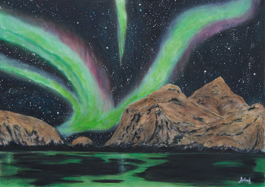 Northern lights over the mountains, original 70x50 cm